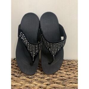 FitFlop Novy Sandals Stud Thong Flip Flop Wedge Slip On Black Suede Womens Sz 9